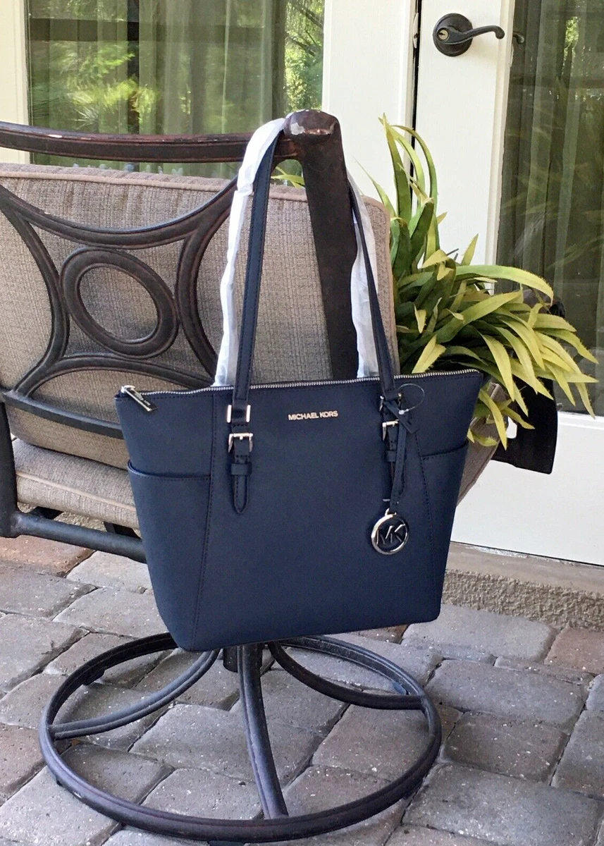  Michael Kors Charlotte Large Top Zip Tote (Navy/Silver  Hardware) : Clothing, Shoes & Jewelry