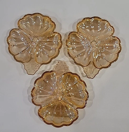 Clover Candy Dish Lot of 3 Depression Carnival Glass Iridescent Marigold Gold
