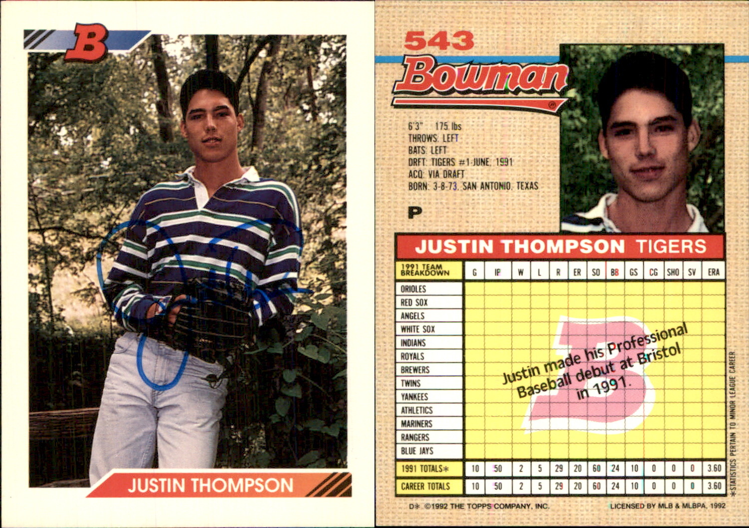 Justin Thompson Signed 1992 Bowman #543 Card Detroit Tigers Auto AU