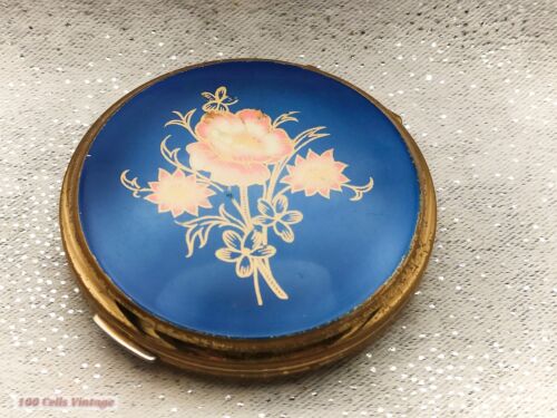 Stratton CRACKED MIRROR-Metallic Blue Floral Vintage Ladies Powder Compact -C3 - Picture 1 of 6