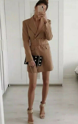 ZARA DOUBLE BREASTED BROWN CAMEL BELTED LONG JACKET BLAZER EXTRA SMALL XS NEW - Picture 1 of 11