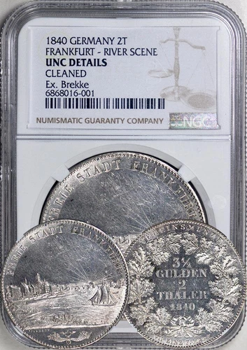 German States: Frankfurt 1840 Free City 2 Taler / Thaler - River Scene. NGC UNC
