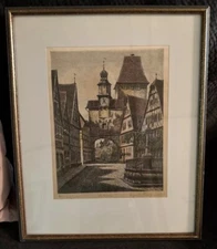 Rothenburg Tauber Ernst Geissendorfer Colored Etching On Silk Matted Framed