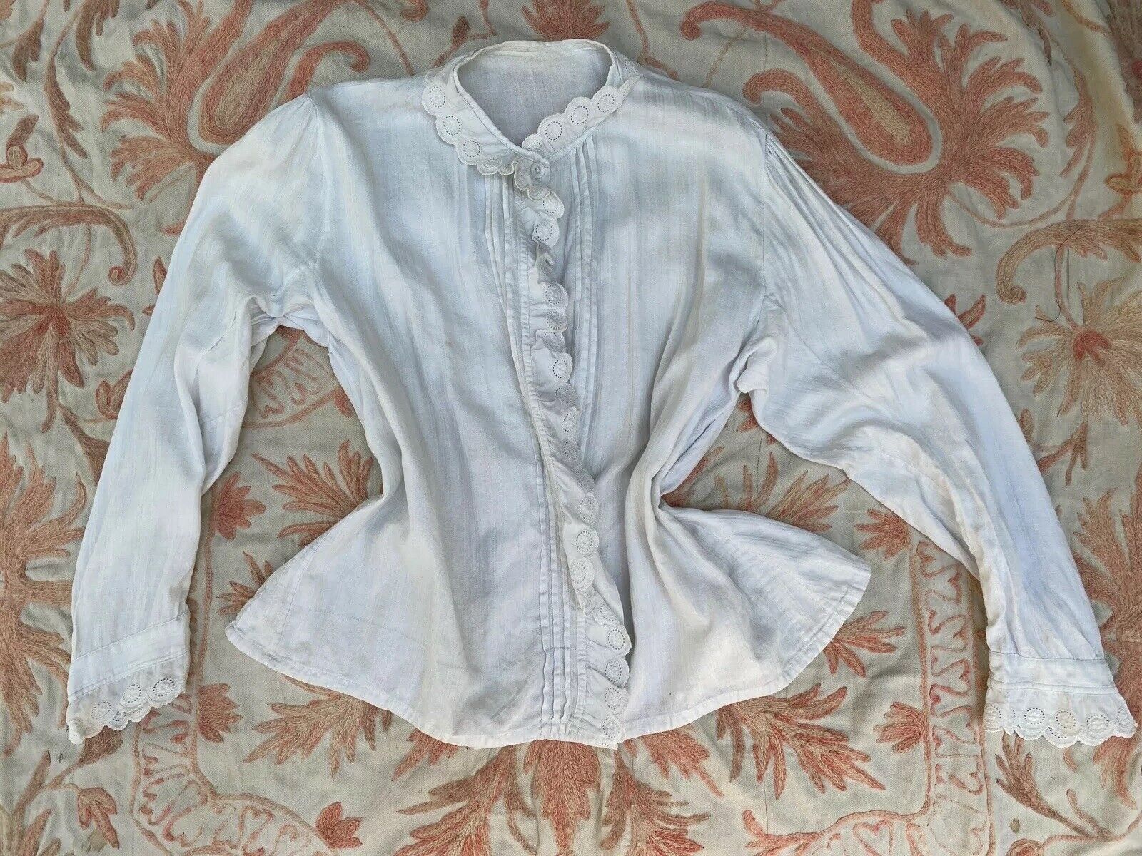 Antique Edwardian White Cotton Blouse Ruffles Lace Embroideey Top Bodice Vintage Popularna wyprzedaż