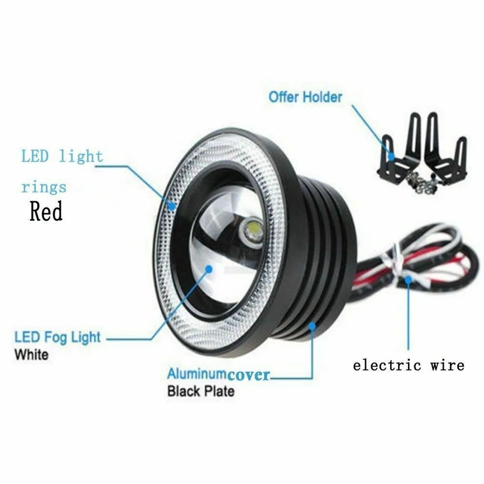 2x3" Car COB LED Fog Light Projector Lamp White Angel Eye Halo Red Ring DRL Bulb — 第 2/4 张图片