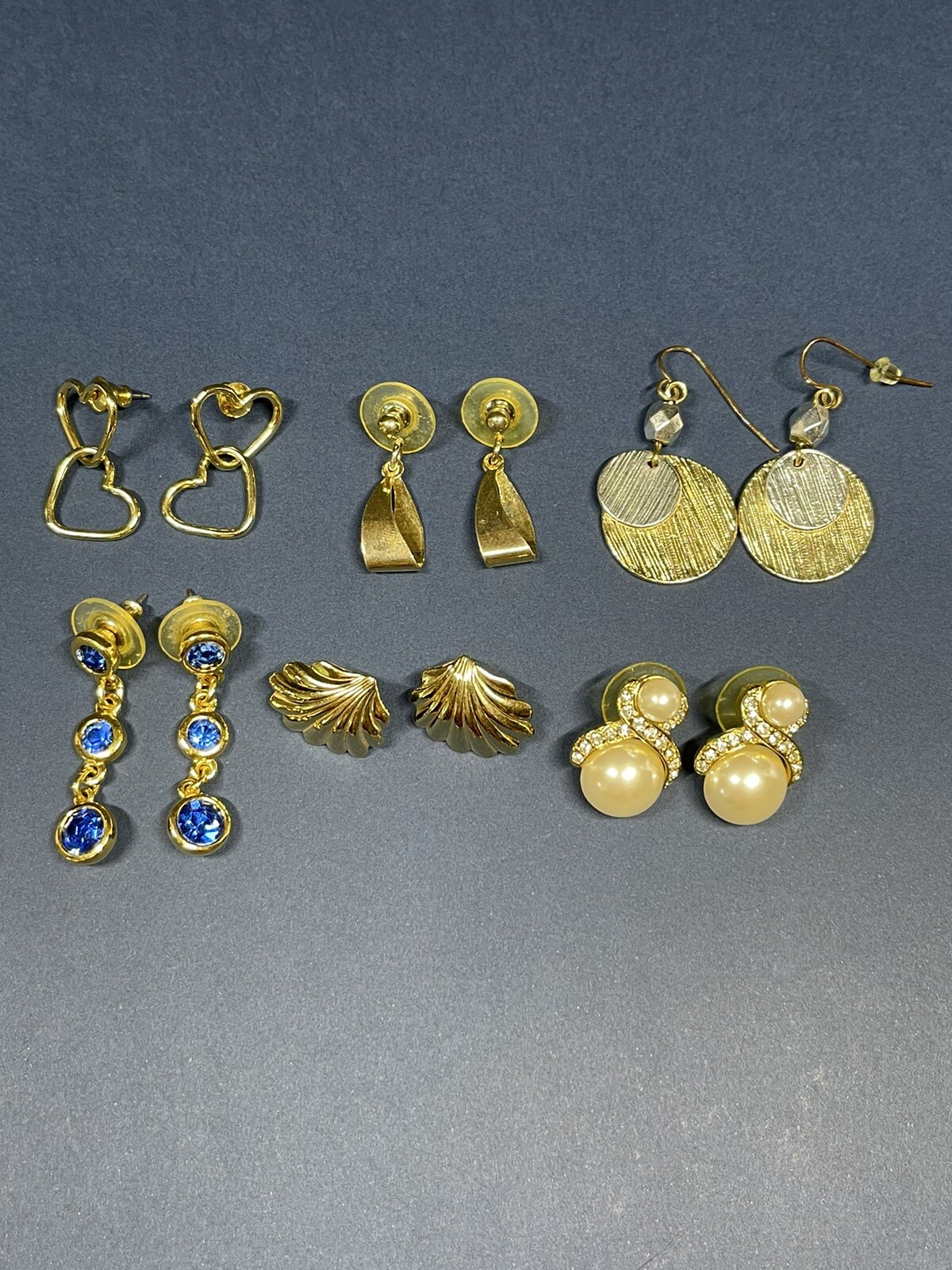 Lot Of 6 Vintage Costume Earrings Gold Tone Faux Pearl Hearts Sea Shells