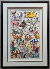 James Rizzi 3D It's Raining Cats And Dogs Original Framed Dog Cat
