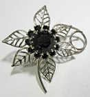 Vtg black silver tone metal open work flower leaf Brooch Pin Costume Jewelry