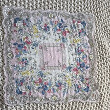 VINTAGE Floral Cotton Handkerchief Pink Blue Yellow White Scalloped Edge