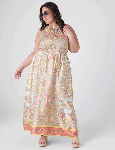 NEW!! Size 20 - LANE BRYANT PAISLEY PRINT HALTER NECK LUXE SATIN MAXI DRESS