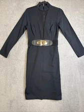Venus Dress Black Womens Size Medium Long Sleeve Sheer Belted Midi Sexy Cocktail