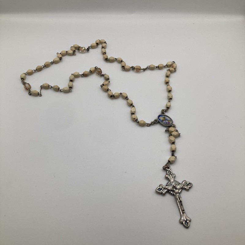 Vintage Tan Color Silvertone Unique Beaded Christian Catholic Rosary
