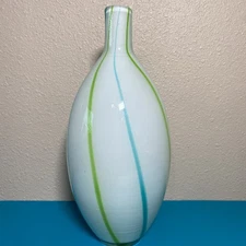 MCM WHITE CASED ART GLASS VASE BLUE & GREEN STRIPES THICK GLASS VASE