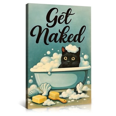 Funny Black Cat Bathtub Bath Poster Canvas Wall Art Get Naked Cat Lover Gift