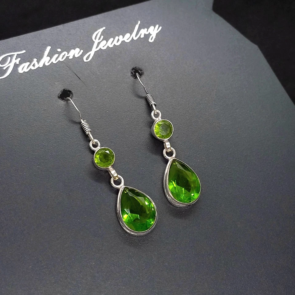 925 Sterling Silver Rose Cut Green Peridot Gemstone Jewelry Dangle Drop Earring - Image 2 of 3