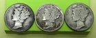 3 Mercury Dimes 1919 Good, 1919-D Good+, 1919-S AG