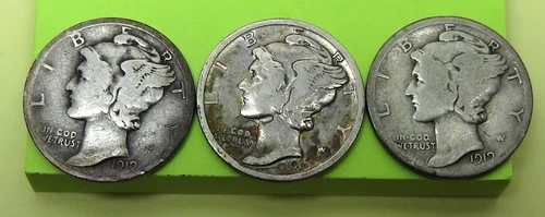 3 Mercury Dimes 1919 Good, 1919-D Good+, 1919-S AG