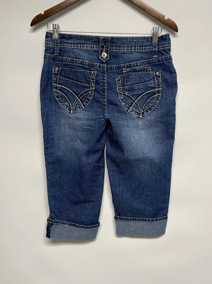 Pantalones de mezclilla capri tiro bajo con puños Y2K de colección para mujer talla 6 preppy patinador estrella pop Foto 3 de 4