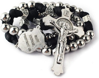 10mm Stainless Steel Heavy Paracord Rosary Men St Michael St Benedict Crucifix