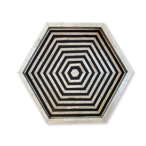 Handcrafted Hexagon Black &White Ottoman Bone Inlay Stripes Pattern Serving Tray - Picture 5 of 5
