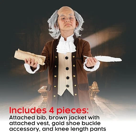 Disfraz de Benjamin Ben Franklin para niños traje del día de los presidentes coloniales S - XL Foto 2 de 4