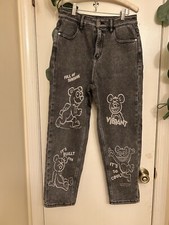 High Stretch Mid-Rise Barrel Jeas Fashion Black Animation Graphics Sz 28