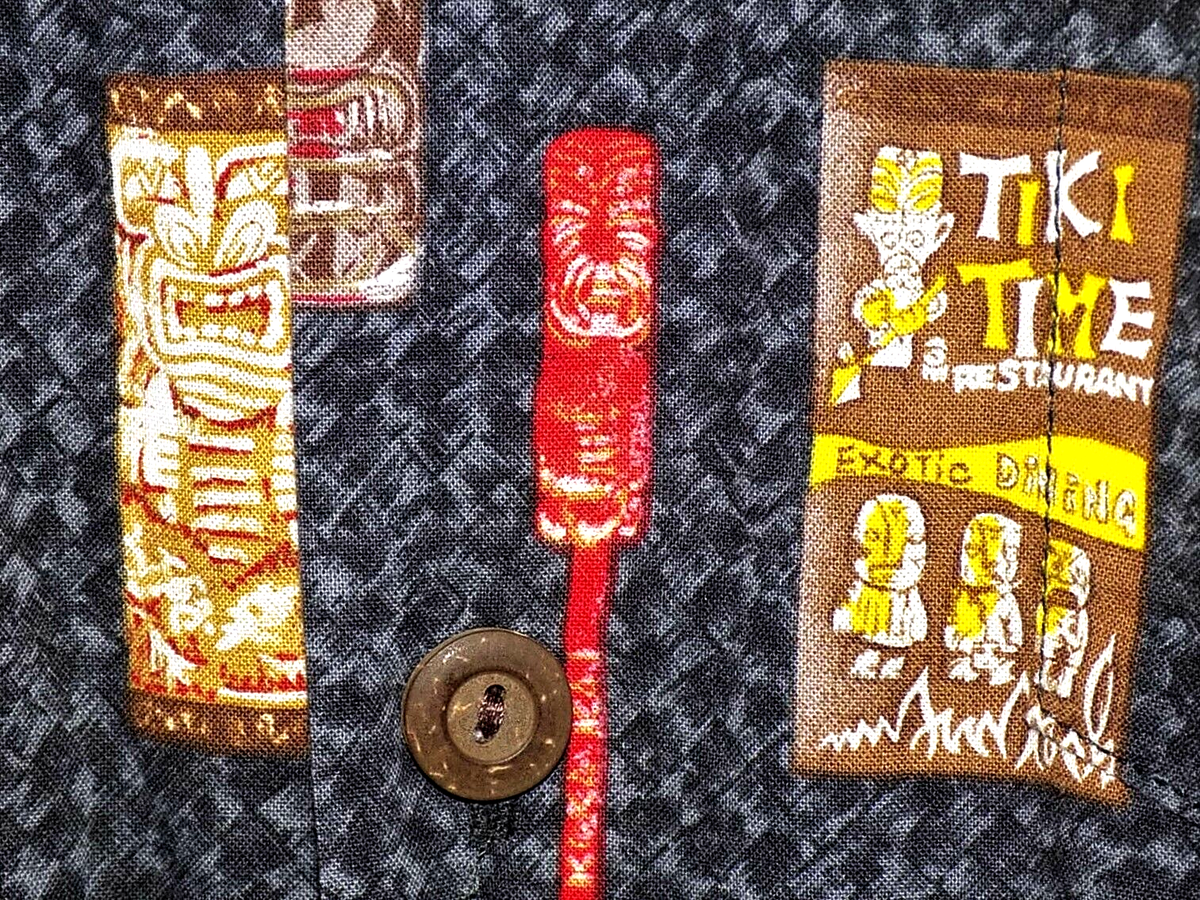 Exc! Vtg KALAKAUA HAWAIIAN SHIRT, GEO TIKI, COTTON-RAYON, LOOP