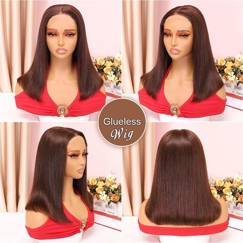 Parrucche Chiusura Pizzo Marrone Cioccolato Senza Colla 7x5 Hd Capelli Umani Bob Parrucca Pre Pizzi - Foto 4 di 9