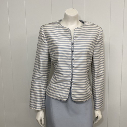 Kasper ASL Skirt Suit Women's 12P Blue White Silk Striped Buttons 2 Piece Suit - Picture 10 of 21