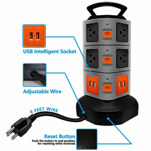 10 prese di uscita 4 torre striscia di alimentazione USB, stazione di ricarica protezione sovratensioni - Foto 5 di 9
