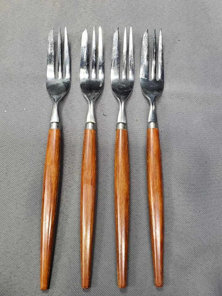 Set of 4 MCM Dutch Holland Stainless Pastry Fork Teak Wood Handle - Image 2 of 4