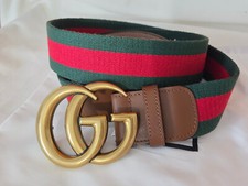 Gucci Brown Camel Web Belt Red Green Stripe Gold GG Sz 38/40