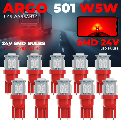 24v 501 Led Red Side Light 507 W5W 5 Smd T10 Hella Spot Capless Bulbs HGV Truck - Picture 63 of 73