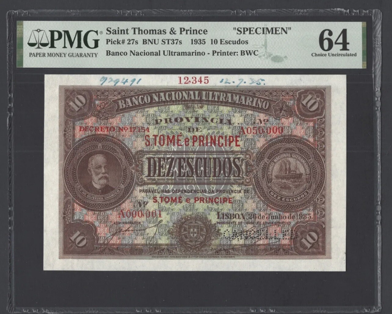 PMG 64 / Saint Thomas Prince 10 Escudos 1935 P27s "Specimen" UNC Grade TOP POP