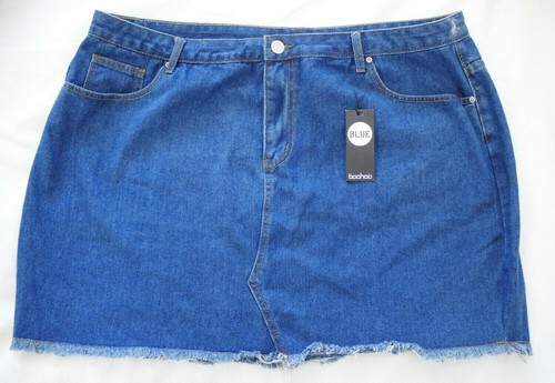 BOOHOO Blue Denim Jean Mini SKIRT Size 24 NEW NWT Fringed Sexy Distressed Pocket - Picture 9 of 9