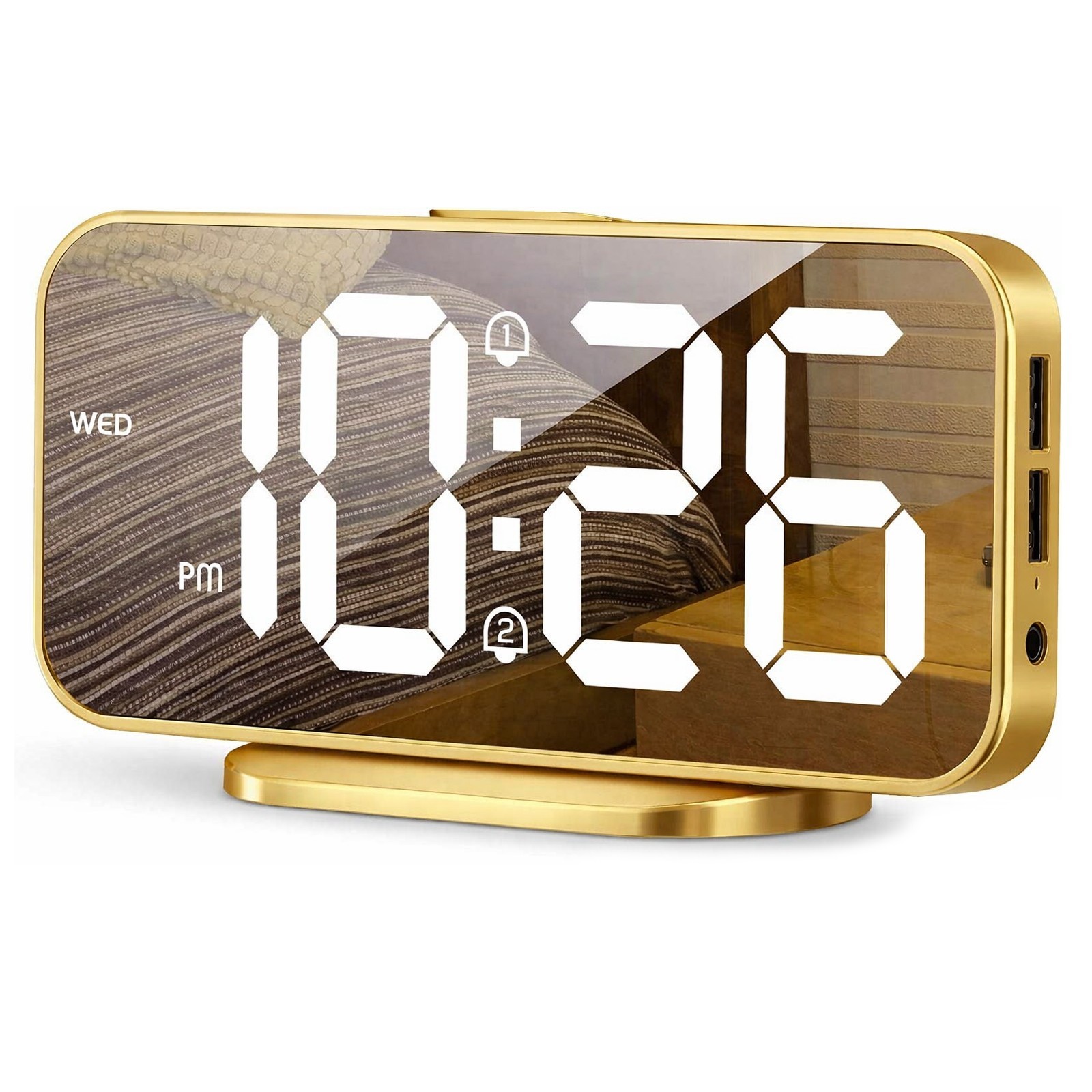 6.7 Inch LED Digital Mirror Clock Dual Alarm Snooze Dual USB Charge Ports Gold