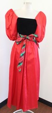 Vtg 70s 80s Dress XXS XS Red Plaid Christmas Velvet Puff Sleeve Maxi Retro Party