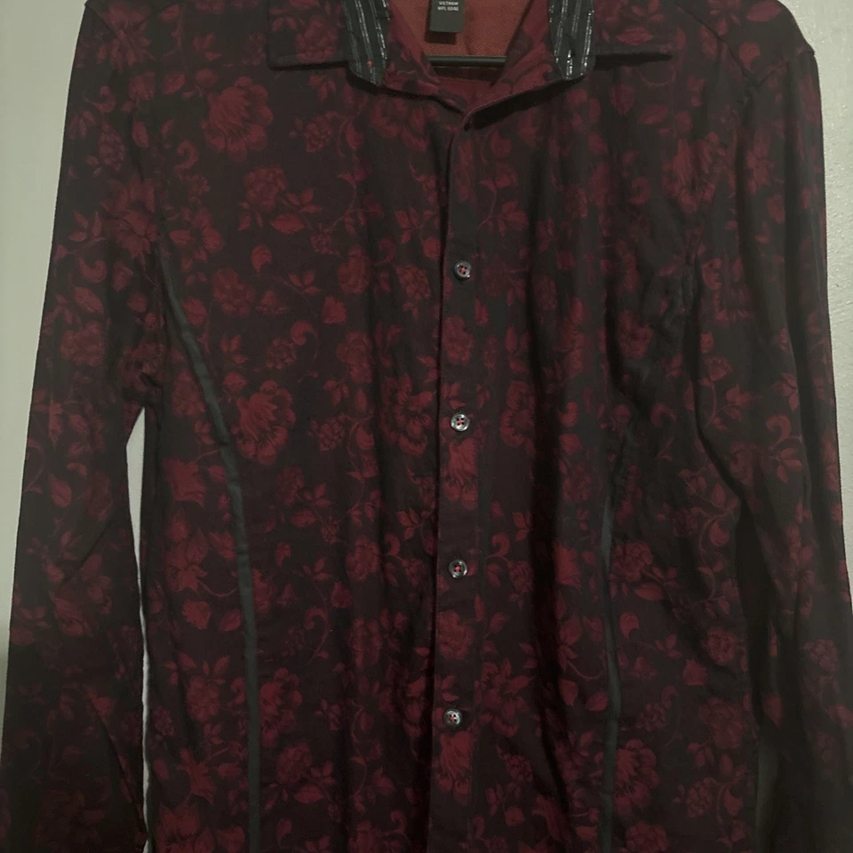 INC Borgoña Cachemira Floral Flock On Azul Marino Para Hombres LS Camisa Abotonada Retro Rock Med Foto 3 de 4