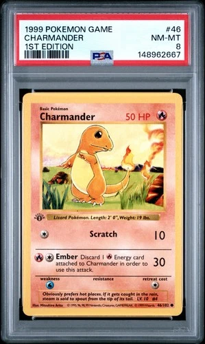 1999 Pokemon Game Charmander 1st Ed. 046/102 Base Set (Shadowless) Regular PSA 8