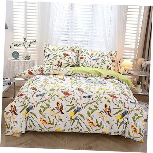 100% Cotton Percale Duvet Cover Set Queen Size 3 Queen-3pcs Leaves and Birds