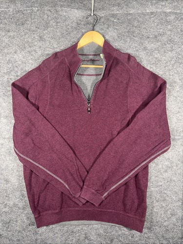 Tommy Bahama maglione reversibile 1/4 zip uomo XL grigio bordeaux cotone pullover - Foto 1 di 6
