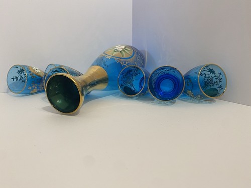 Vintage Hand Painted Art Glass Decanter with 6 Shot Glass Set - Picture 5 of 5