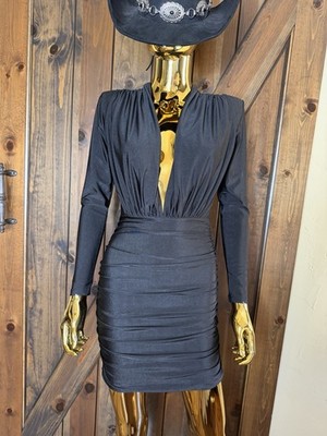 plunging neck ruched bodycon dress Runway Black Plunging V-Neck Ruched Bodycon Mini Dress Size S NWT