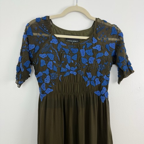 Cynthia Rowley 100% Silk Midi Dress Size 0 Olive Green Blue Embroidered Floral - Picture 3 of 16