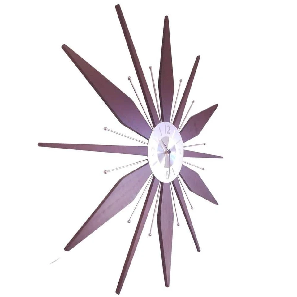 Wall Clock Walnut-Look Wood Frame Starburst Open-Face Design Black Metal Hands - Image 3 of 4