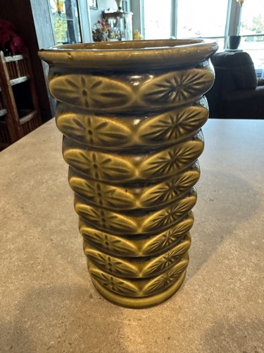 Vintage McCoy USA Floraline Atomic Starburst Vase 1960s Avocado Green 8.25"