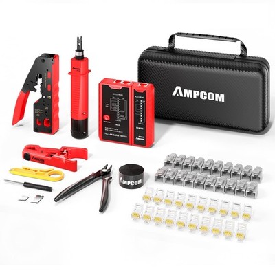 AMPCOM Ethernet Crimping Tool Kit 10-in-1 Pass Through RJ45/RJ11 Network Red 