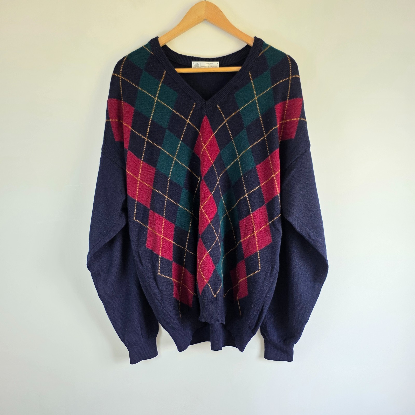 Vintage St Michael Marks & Spencer Lambswool Argyle Jumper V Neck Men's M Preppy