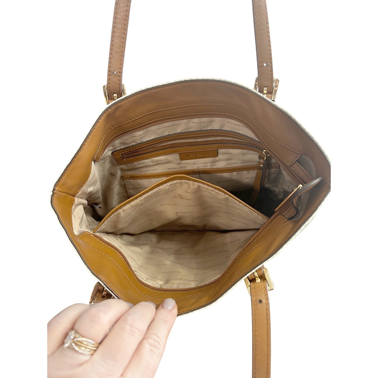 Michael Kors Vanilla MK Monogram Tote Bag Acorn Leather Trim Gold Hardware thumbnail 15