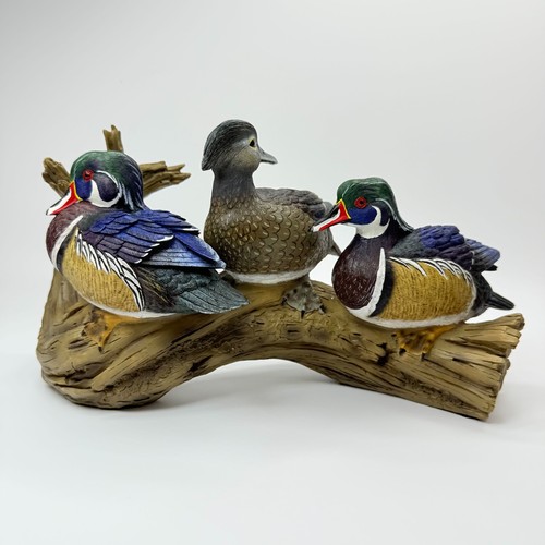 Estatuilla colorida de pato de madera trío de colección en escultura de resina de madera a la deriva pintada a mano